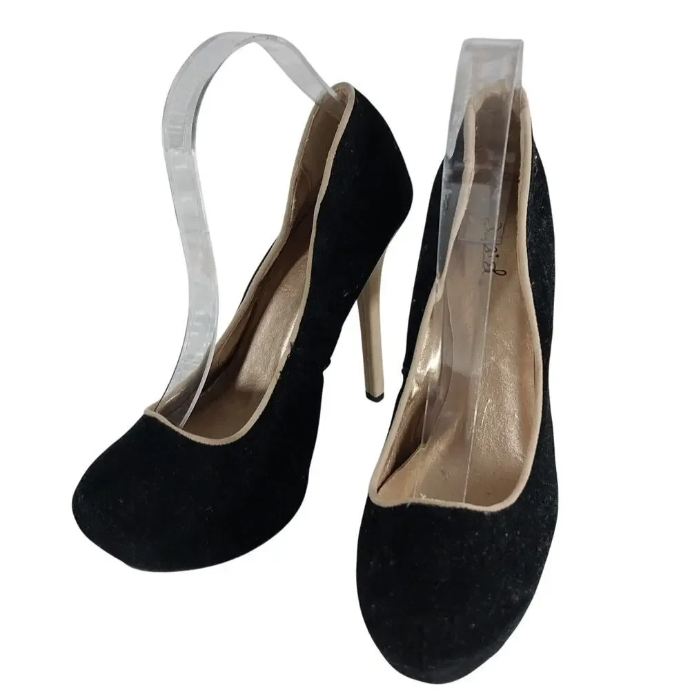 QUPID! BLACK VELVETEEN & TAN VEGAN SUEDE STILETTO PLATFORM HEELS, PUMPS! SZ 8.5M